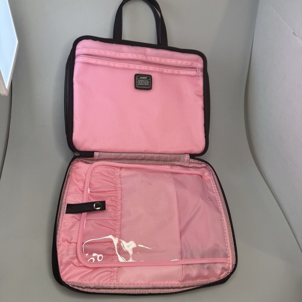 Modella Organizer Makeup Travel Bag XL Black Nylon Pink Liner 13x10 EUC - Picture 12 of 16